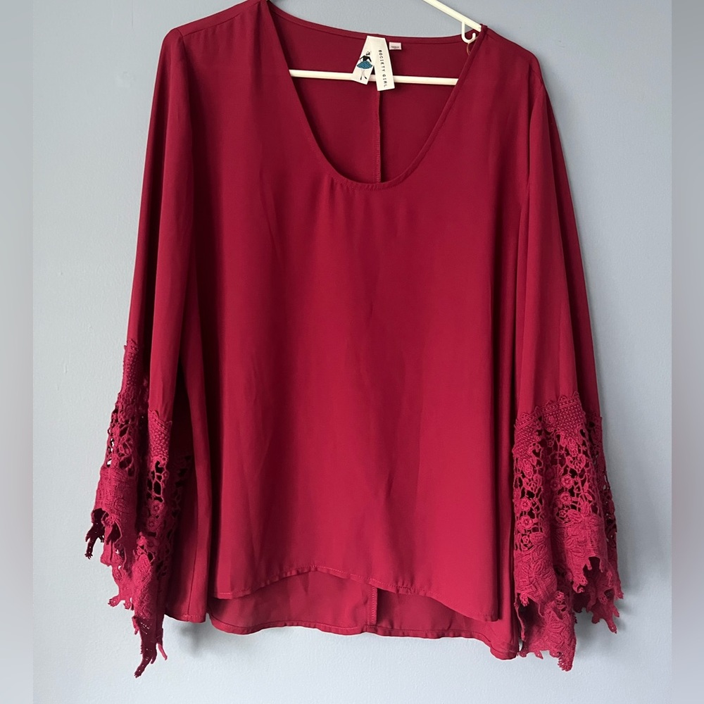 Bohemian Burgundy Red Crochet Lace Trim Sleeve Blouse XL